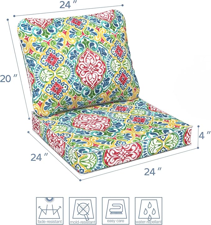 LVTXIII Outdoor Deep Seat Cushion Patio Seat and Back Cushion Set Seasonal Chair Cushion for Dining Arm Chairs, Wicker Chairs and Garden Furniture Decoration, 24"x24"x4", Damask Red-VerdiqueGarden