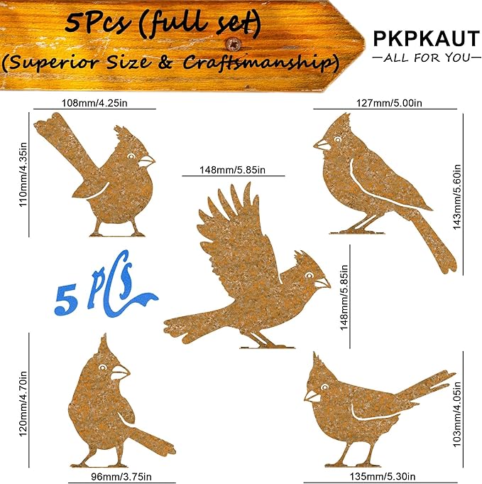 5Pcs Metal Birds Cardinal Craft Statue Ornaments Fence Topper Decor, Rusty Birds Metal Art for Fence Decorations Outdoor, Metal Bird Silhouette with Rusty Yard Art-VerdiqueGarden