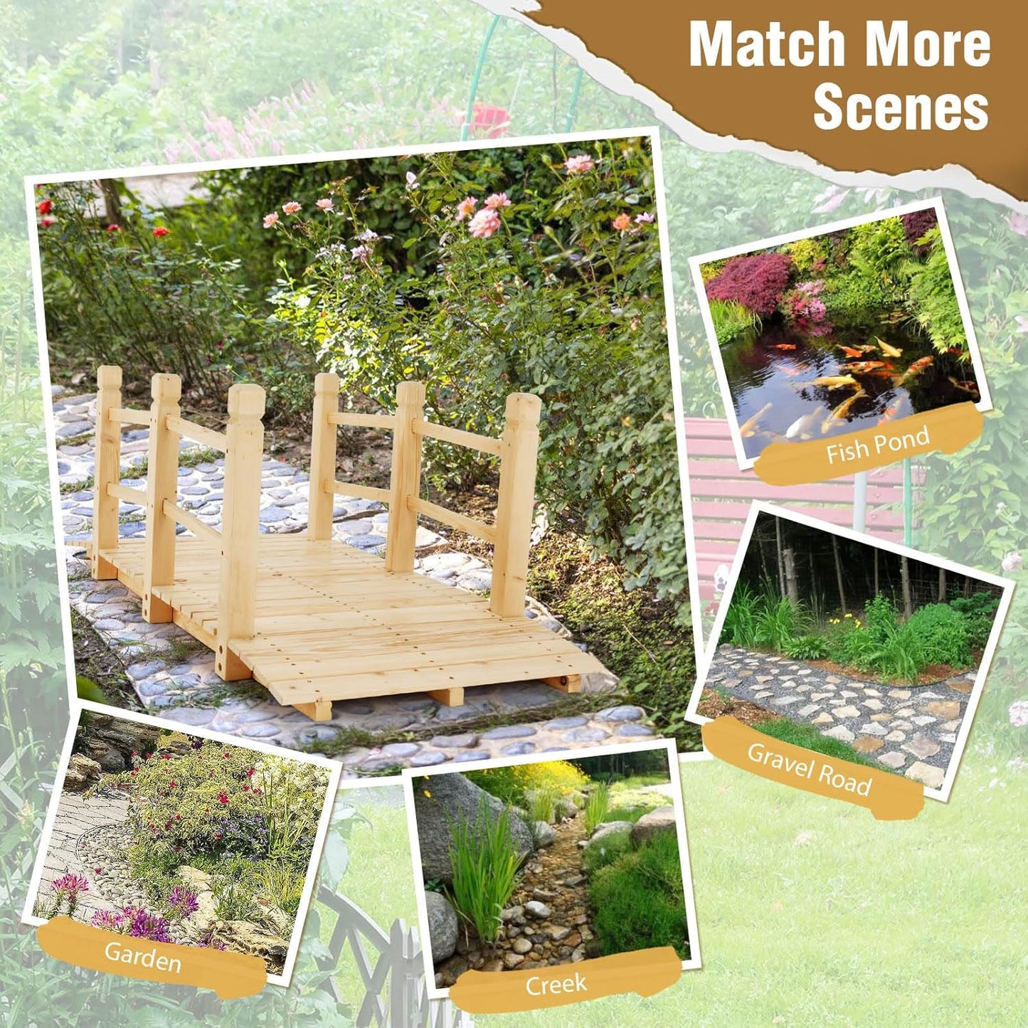 Giantex 5 ft Garden Bridge - Natural Wood Arc Footbridge Walkway with Side Railings, Decorative Wooden Bridge Landscaping for Backyard Farm Garden Creek Pond Decor, Easy to Assemble (Natural)-VerdiqueGarden