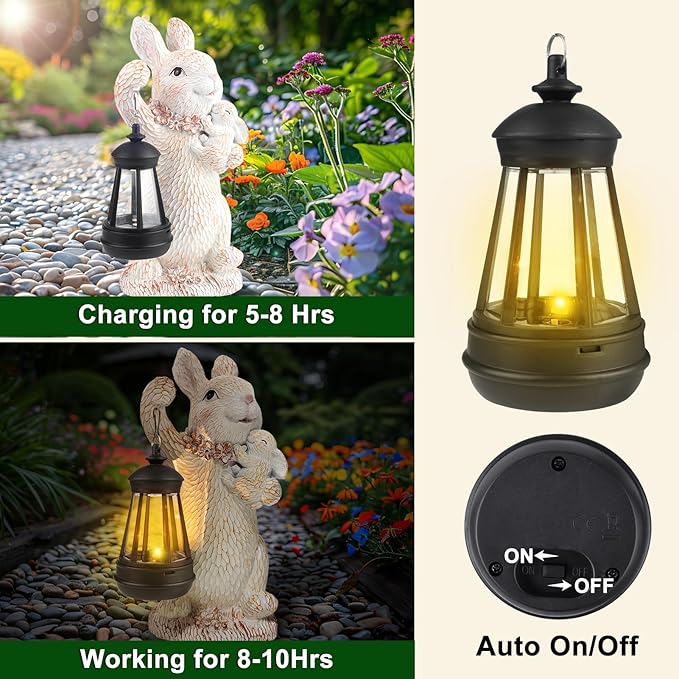 ILLUMINEW Solar Garden Statues Rabbit Lights, Outdoor Lighted Bunny Garden Decor Waterproof Figurines for Patio Porch Balcony Yard Lawn Lantern, Unique Easter Gifts for Mom Grandma Mother-VerdiqueGarden