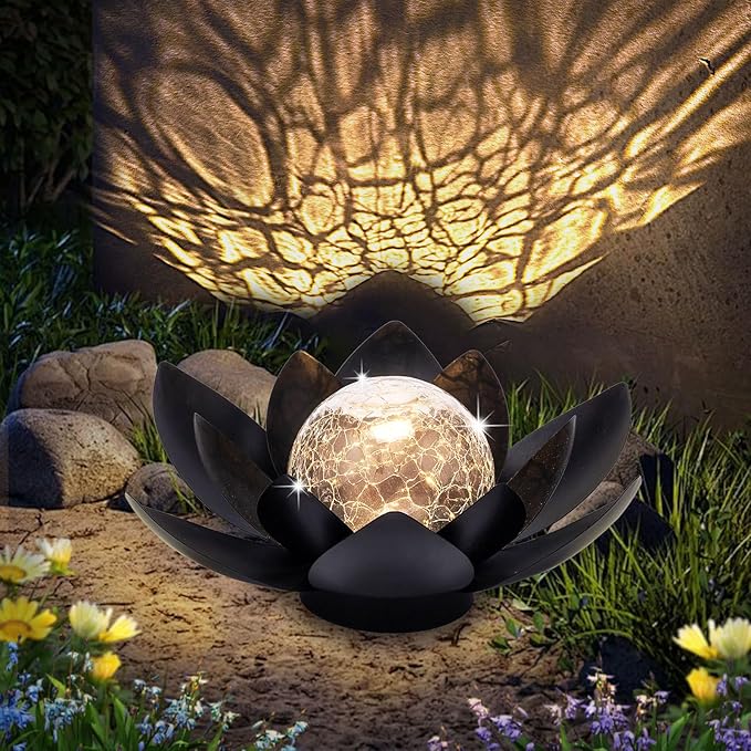 Huaxu Solar Lights Outdoor Garden Decor Metal Black Lotus Decoration, Crackle Globe Glass Waterproof LED Outside Table Lamp for Patio,Lawn, Yard,Walkway,Tabletop,Ground Gifts for Mom-VerdiqueGarden