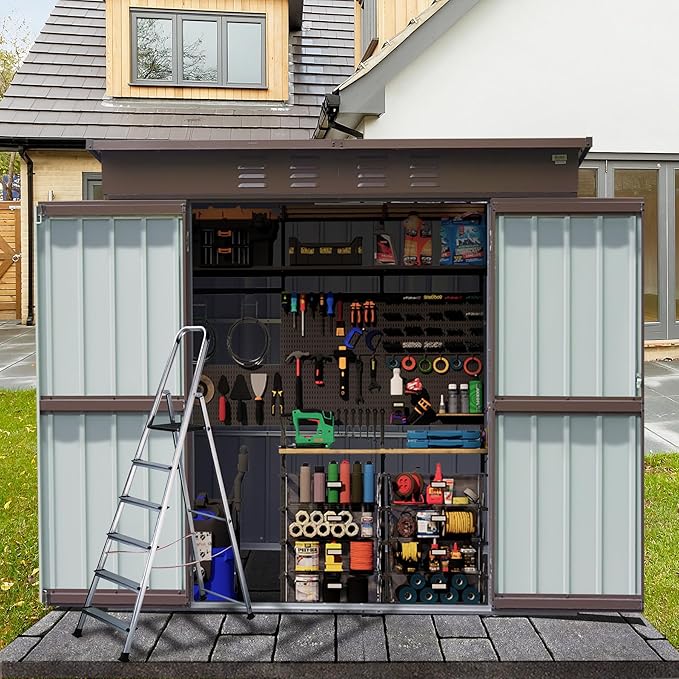 Domi Outdoor Storage Shed 6' x 4.5’, Metal Garden Shed with Galvanized Steel Frame for Bike, Tools, Lawn Mowers, Pool Toys, Outdoor Storage Cabinet with Lockable Door for Garden Lawn Patio (Brown)-VerdiqueGarden