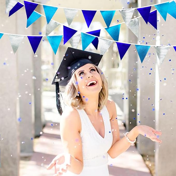 Navy Blue Silver Party Decorations Metallic Fabric Triangle Pennant Banner Flag Bunting Garland for Graduation Birthday Retirement Wedding Bachelorette Nautical Ahoy Achor Outdoor Party Supplies-VerdiqueGarden