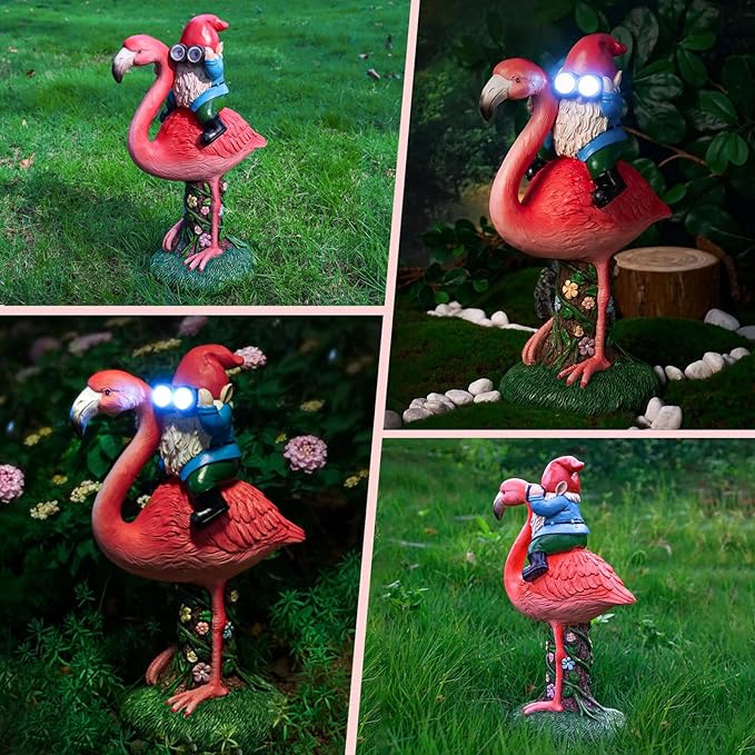 Solar Flamingo Gnome Garden Decor Statue, Outdoor Funny Solar Light Decoration for Yard, Patio, Lawn, Unique Housewarming, Birthday Gift for Women, Mom, Grandma-VerdiqueGarden