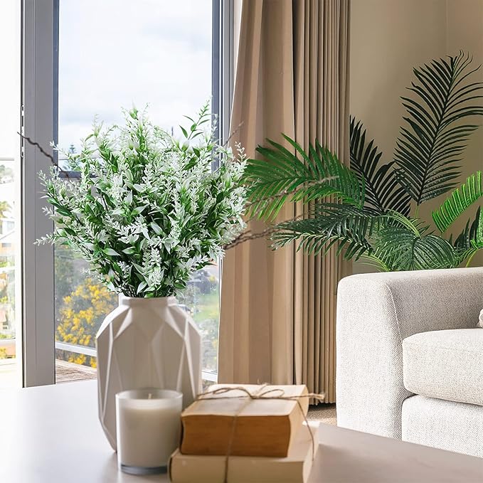 8 Pack Artificial Plants Flowers Grass Shrubs No Fade Faux Plastic Flowers Outdoor for Vases Farmhouse Garden Porch Patio Office Indoor Wedding Decoration Greenery Fake Plants (5#White)-VerdiqueGarden