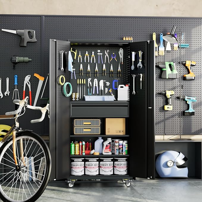 Metal Garage Cabinet with Wheels,71''H Rolling Lockable Steel Tool Cabinet with Pegboard & 1 Drawer for Garage,Home,Office Assembly Required,Black/Red-VerdiqueGarden