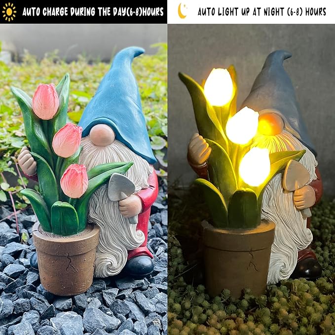 Garden Gnome Statue, Sculpture of a Dwarf Holding a Shovel and a Flower Pot, Solar Gnome Statues Outdoor Decor, Outside Lawn Patio Yard Ornament Gifts-VerdiqueGarden