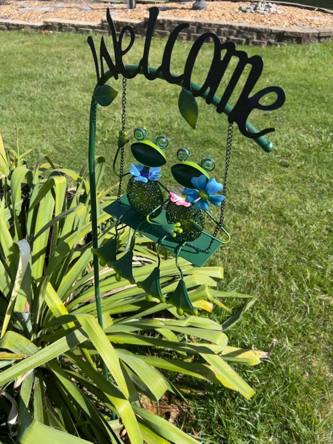 Frog Solar Light Garden Outdoor Decoration Swing Metal Stake Lamp with Welcome Sign Waterproof Patio Yard Decor Gifts-48 inch-VerdiqueGarden