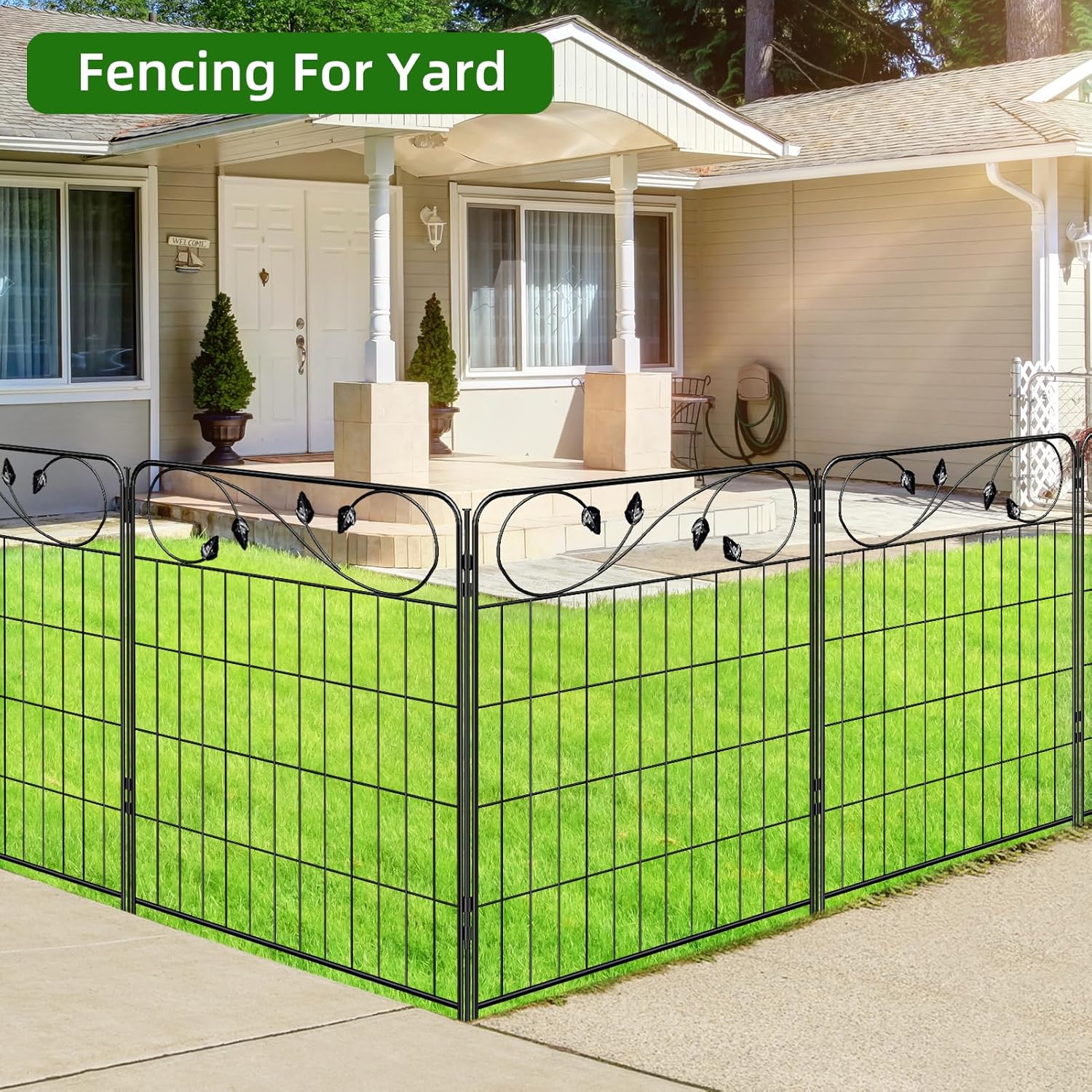 Decorative Outdoor Garden Fence 30in(H) X12ft(L) 6 Panels+7 Stakes Leaf Black Metal Garden Fencing for Landscape Lawn Patio, Temporary Animal Barrier Fences for Dogs-VerdiqueGarden