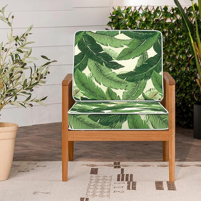 LVTXIII Patio Chair Cushions 22"x22"x3", Water-Repellent Outdoor Seat Cushions for Patio Furniture, Square Chair Pads with Ties for Home Garden Decoration, Set of 2, Swaying Palms Green-VerdiqueGarden