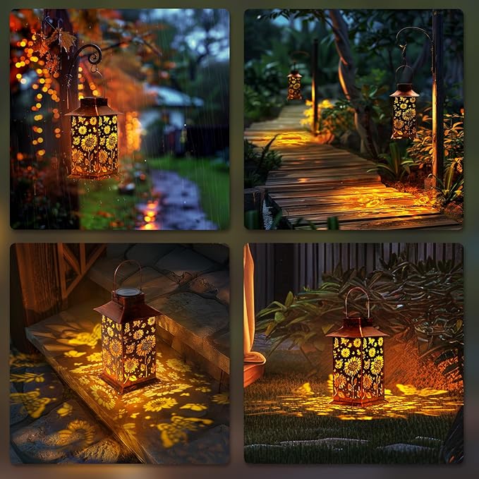 Homemory Sunflower Solar Lanterns Waterproof, Metal Hanging Hollowed-Out Metal Decor Lantern, LED Outdoor Decoration for Outside LED Lanternse for Yard, Backyard, Porch, Lawn-VerdiqueGarden