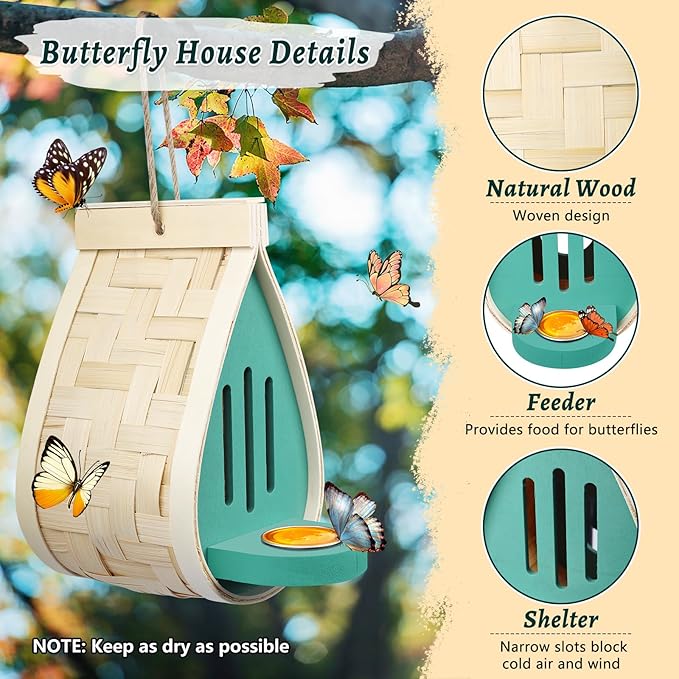 2 Pcs Butterfly House and Feeder, Wooden Hanging Butterfly House for Garden, Natural Butterfly Habitat with Butterfly Puddler for Bugs, Butterflies, Moths, Lacewings-VerdiqueGarden
