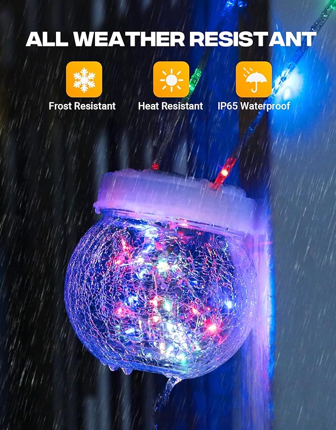 Solar Lantern Solar Lights Outdoor Waterproof 2-Pack, Solar Powered Hanging Lights Cracked Glass Hanging Globes for Christmas Decoration, Shepherd Hook, Garden Tree Ornaments,White Cap, Multi-Color-VerdiqueGarden