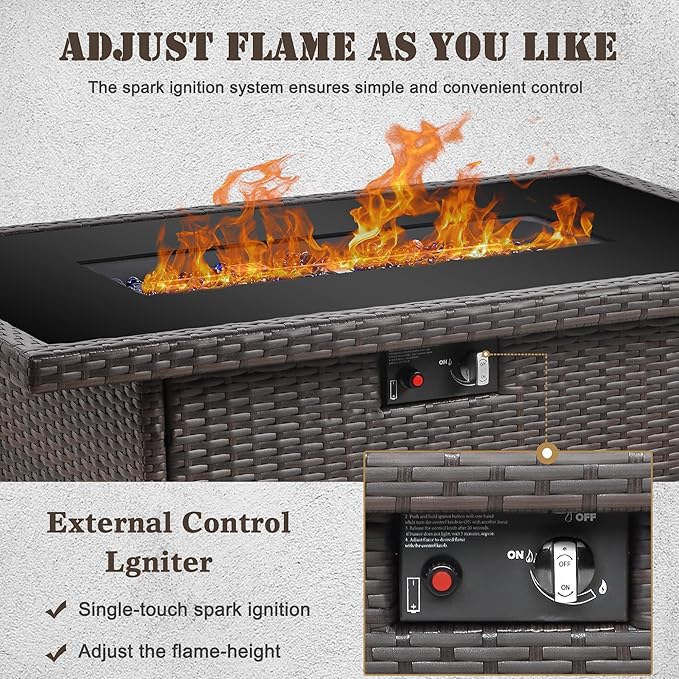 Propane Fire Pit Table,44 Inch 55000 BTU Outdoor Gas Fire Pit Rectangular with Glass Wind Guard for Outside Patio Deck (Brown-Glass Top)-VerdiqueGarden