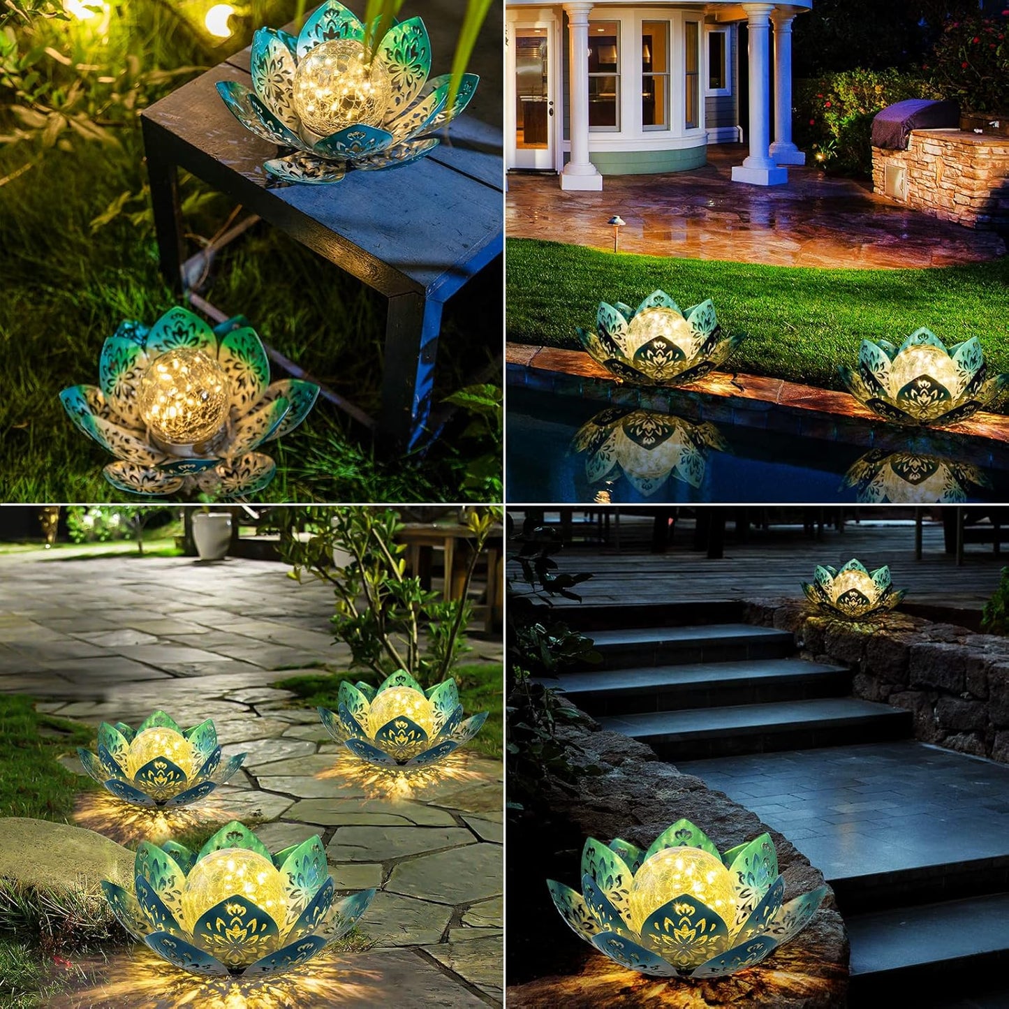 Huaxu Solar Lights Outdoor Decorative - Bright Blue Lotus Flower Table Lamp, Glass Globe 30 LED Waterproof Metal Decorations Gifts for Mom Women Garden Patio Pathway Yard Balcony Outside Decor-VerdiqueGarden