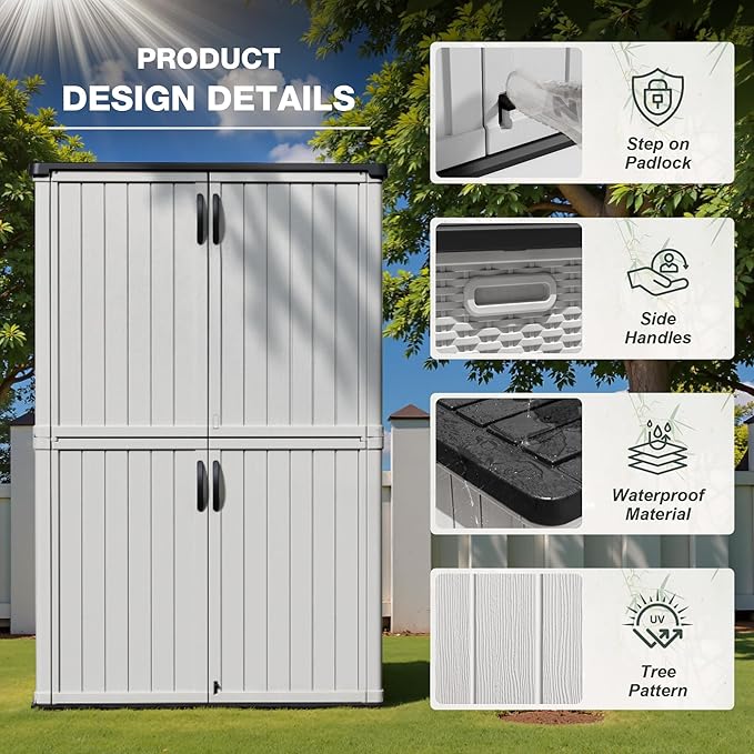 Greesum Outdoor Storage Cabinet Without Shelves, 45 cu.ft Outdoor Waterproof Storage Shed for Garden Tools, Pool Storage, Garbage Cans, White-VerdiqueGarden
