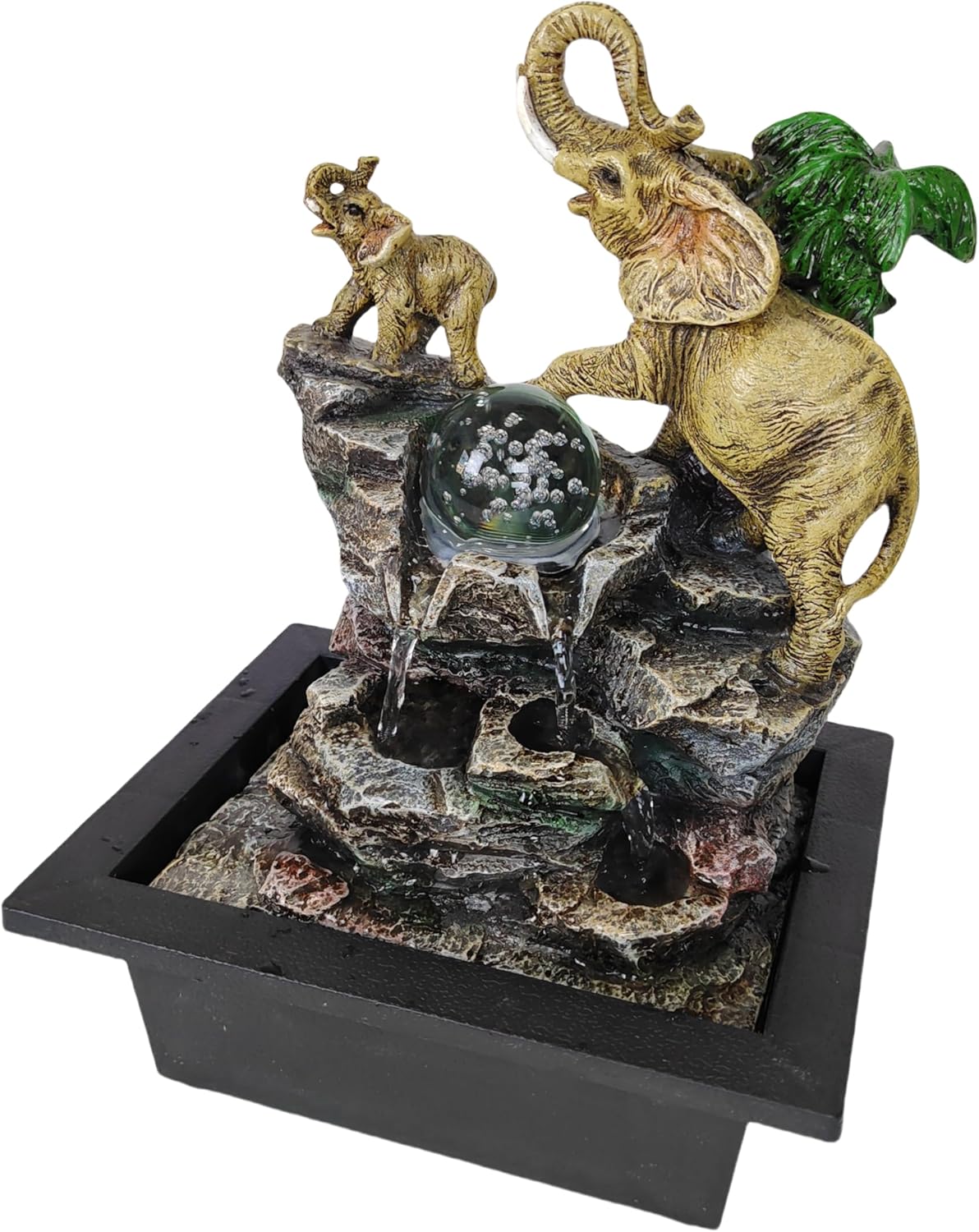 Decorative Elephant Cascade Tabletop Fountain with LED Globe, 3-Tier Design, A Quiet and Soothing Indoor Desktop Fountain-VerdiqueGarden