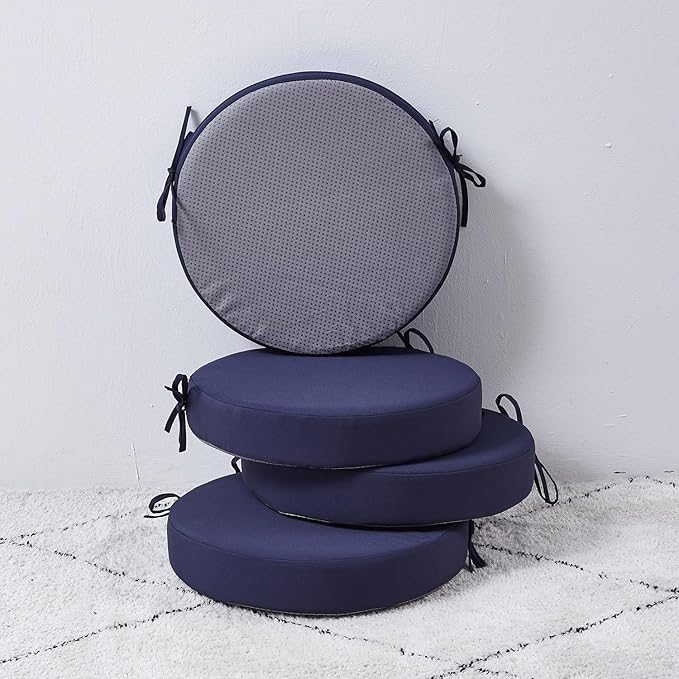 15 x 15 Inch Round Cushions for Outdoor Furniture Non-Slip Waterproof Patio Bistro Chair Cushion with Ties Bar Stool Seat Cushion for Kitchen Chairs Set of 4, Navy Blue-VerdiqueGarden