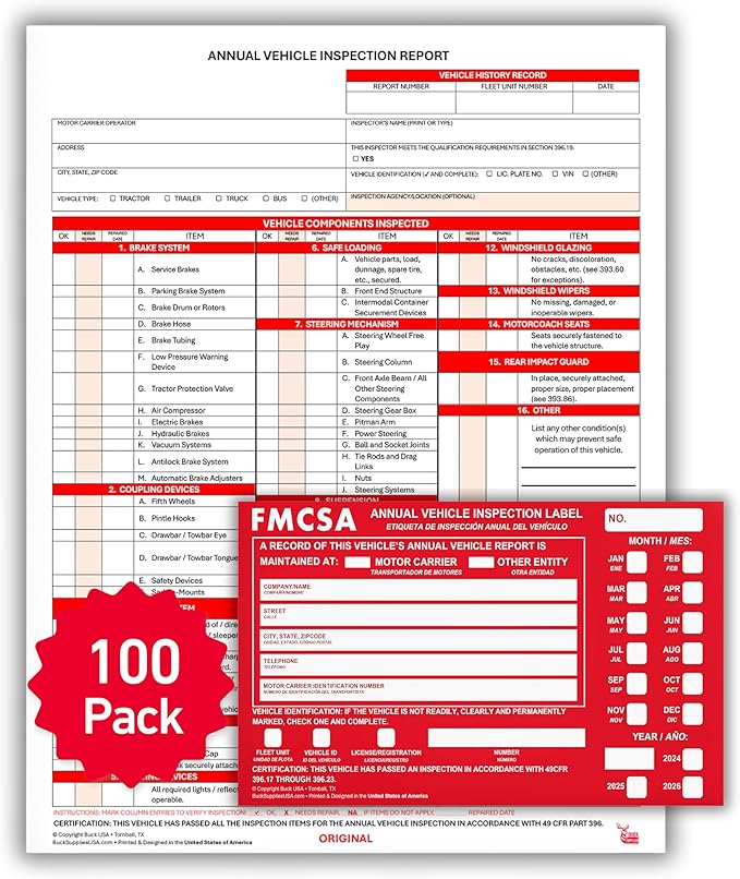100 Pack 3-Ply Carbonless Annual Vehicle Inspection Report Forms with FMCSA Red Aluminum Adhesive Labels, DOT Inspection Forms and Stickers, Shrink-Wrapped, 8.5" x 11.75" - Made in USA-VerdiqueGarden