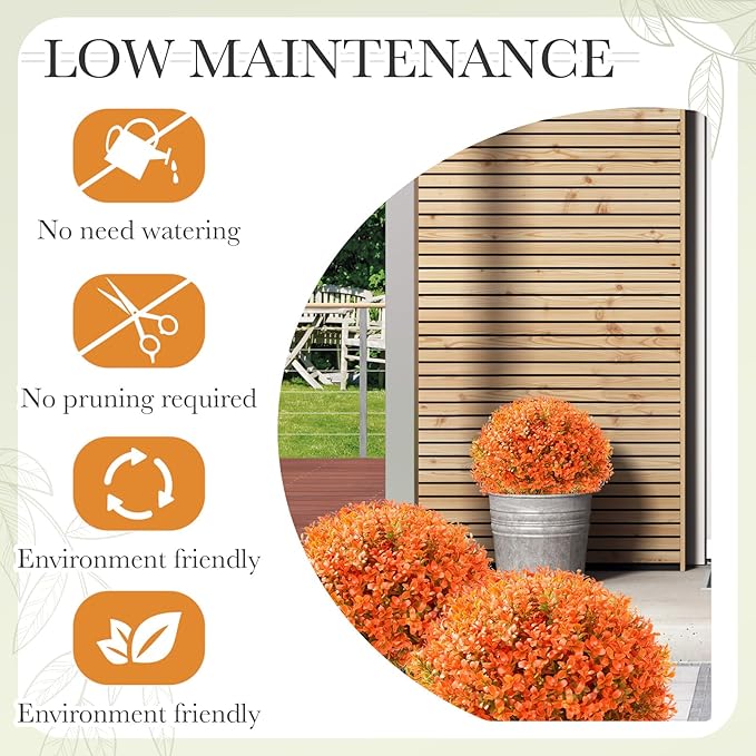 Yunlly 2 Pack 18" Artificial Boxwood Ball Bush Topiary Trees Fake Outdoor Plants, Realistic UV Resistance Faux Shrubs with Spike Greenery Topiary for Front Porch Garden Yard Patio Indoor (Orange)-VerdiqueGarden