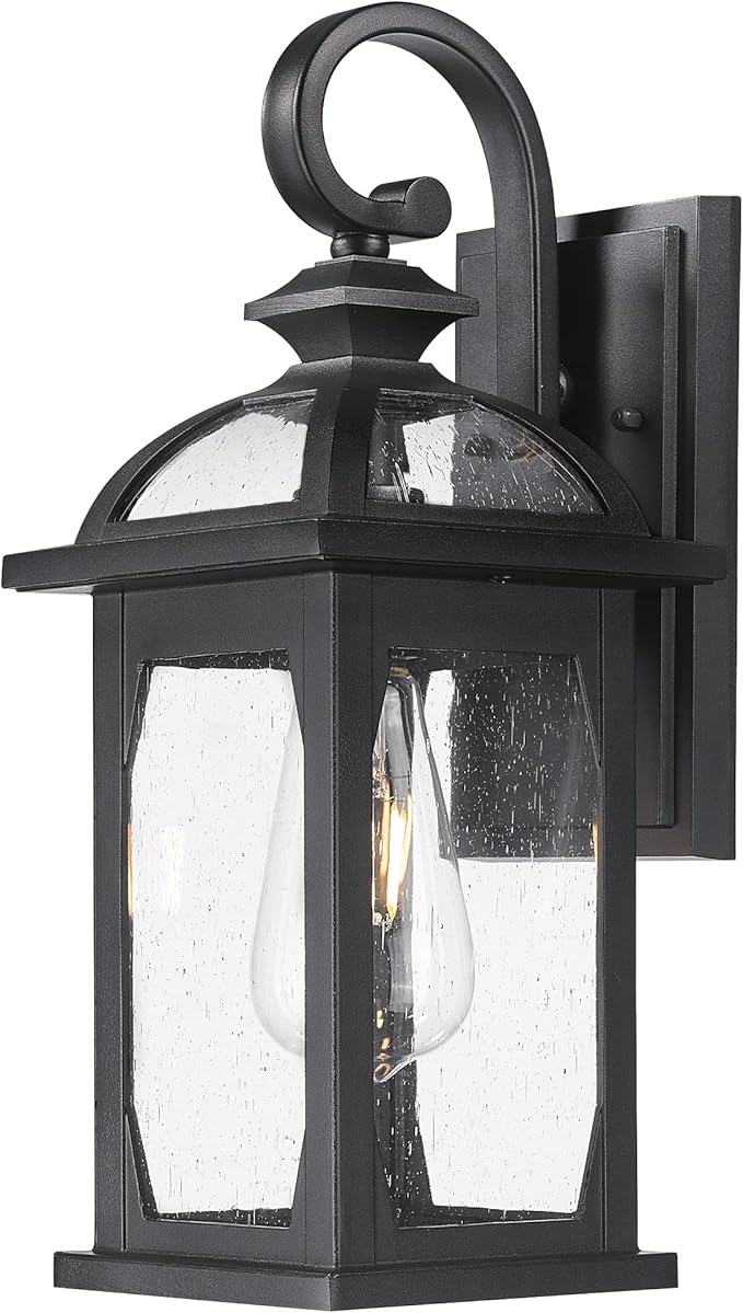 zeyu Outdoor Porch Light Wall Light Fixture, 15 Inch Exterior Wall Lighting for House, Die-Cast Aluminum with Seeded Glass, Black Finish, ZD100B BK-VerdiqueGarden
