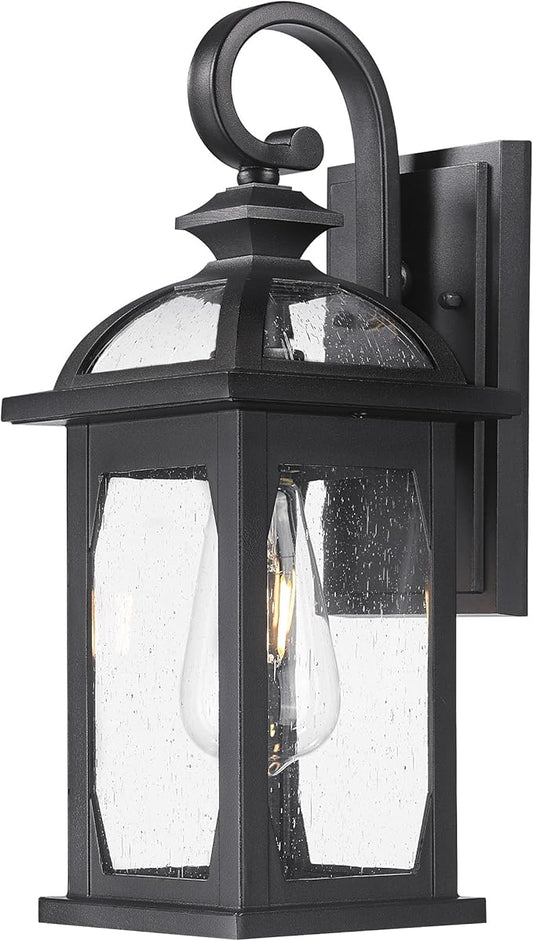 zeyu Outdoor Porch Light Wall Light Fixture, 15 Inch Exterior Wall Lighting for House, Die-Cast Aluminum with Seeded Glass, Black Finish, ZD100B BK-VerdiqueGarden