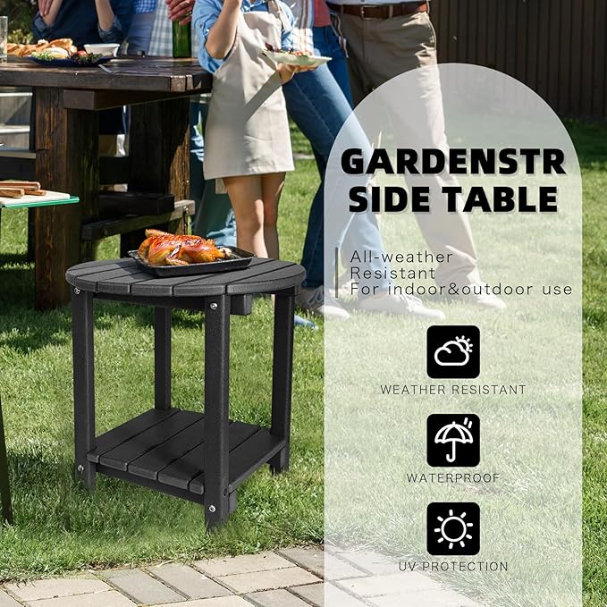 Adirondack Round Outdoor Side Table 2-Tier Storage Patio Side Table, HDPE End Tables for Backyard Pool Porch Garden Lawn (Black)-VerdiqueGarden