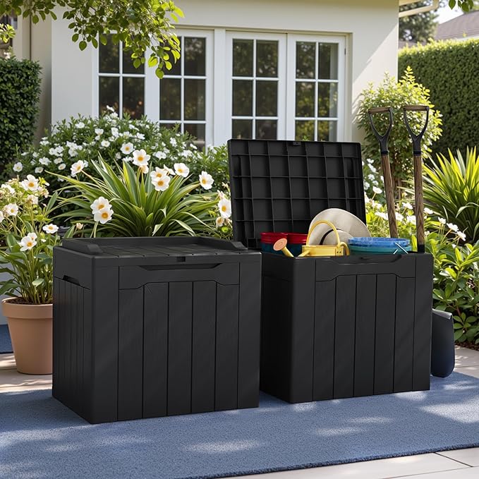 Greesum 31 Gallon Deck Box for Outside, All Weather Outdoor Storage Boxes for Patio Furniture Set, Package Delivery Box, Garden Tools, Black(Set of 2)-VerdiqueGarden
