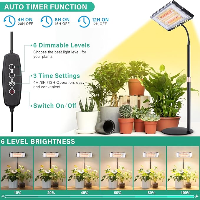 LBW Grow Light for Indoor Plants, 144 LED Full Spectrum Plant Light for Indoor Plants, Large Desk Grow Lamp with 4H/8H/12H Timer, 6-Level Brightness, Height Adjustable, Flexible Gooseneck-VerdiqueGarden