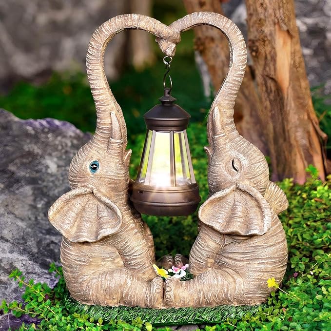 Elephant Statue Easter Garden Decor with LED Solar Lights-Set of 2 Good Luck Elephant Outdoor Statue Christmas Decorations for Yard Patio,Porch,Home -Mothers Day Gifts for Women, Mom, Grandma-VerdiqueGarden