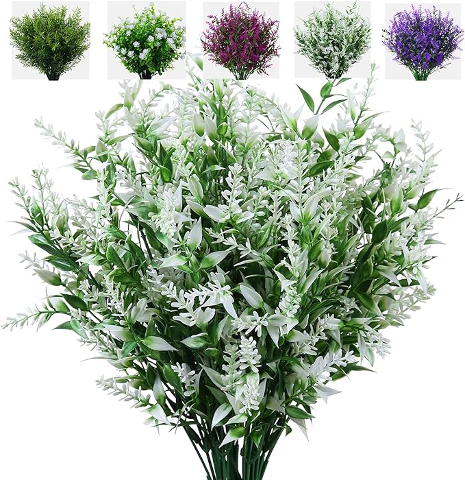 8 Pack Artificial Plants Flowers Grass Shrubs No Fade Faux Plastic Flowers Outdoor for Vases Farmhouse Garden Porch Patio Office Indoor Wedding Decoration Greenery Fake Plants (5#White)-VerdiqueGarden