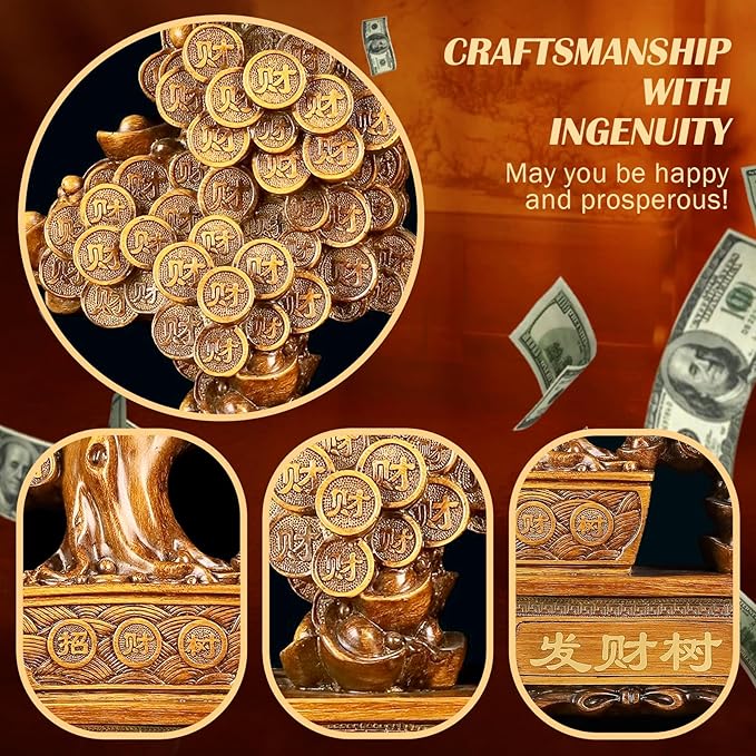 FENGSHUI-CAISHEN Top Resin Money Tree, Artificial Bonsai Tree, Handcrafted, Premium Quality, Feng Shui Gift for Abundance Luck and Success (Brown)-VerdiqueGarden