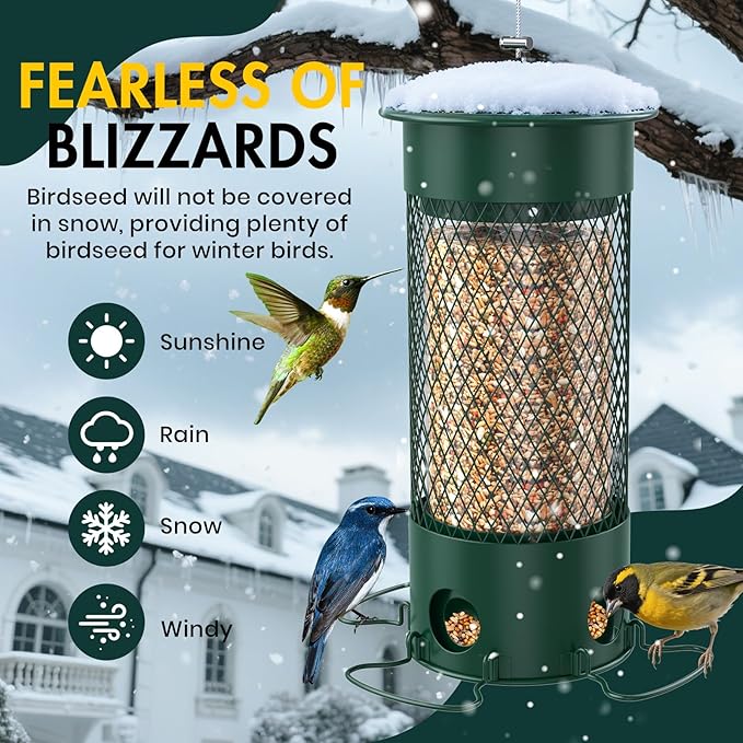 Metal Squirrel Proof Bird Feeders for Outdoors Hanging,Weight-Activated Large Capacity Feeder for Wild Finch, Cardinal,Blue Jay, Chickadee, Weatherproof and Durable 4 Perches,Green-VerdiqueGarden