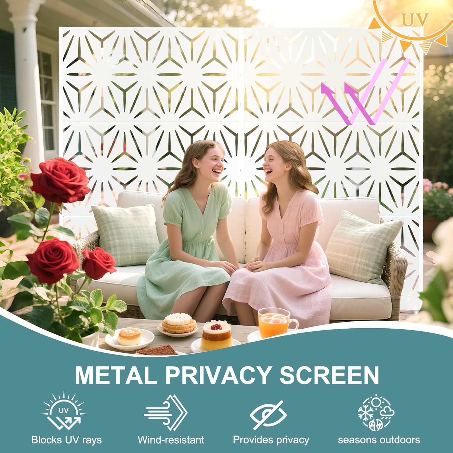 Metal Privacy Screen Outdoor Freestanding Privacy Wall Panels and Decorative Patio Dividers, Crafted from Steel with Sun-Proof Design, Ideal for Patio, Deck, Garden,72" H×47" L,（White&Star）-VerdiqueGarden