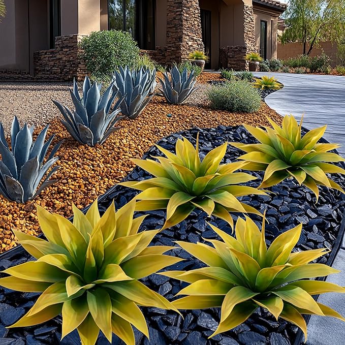 Artificial Plants Outdoor Faux Plant,Artificial Agave Faux Hostas Outdoor Uv Resistant Artificial Plants Indoor Fake Plant Artificial Agave Plant Indoor(2pcs, 28") Yellow-VerdiqueGarden