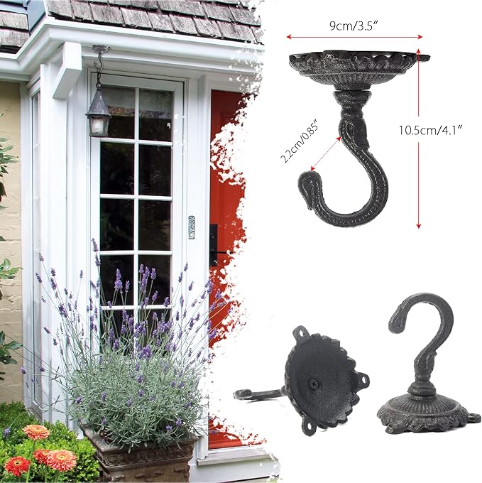 Sungmor Heavy Duty Ceiling Hooks for Hanging Plants, 2PC Black 3.5x3.9Inch Large Cast Iron Ceiling Hooks, Antique Decorative Ceiling Swag Hooks for Hanging Planter Chandelier Wind Chime Lantern Hanger-VerdiqueGarden