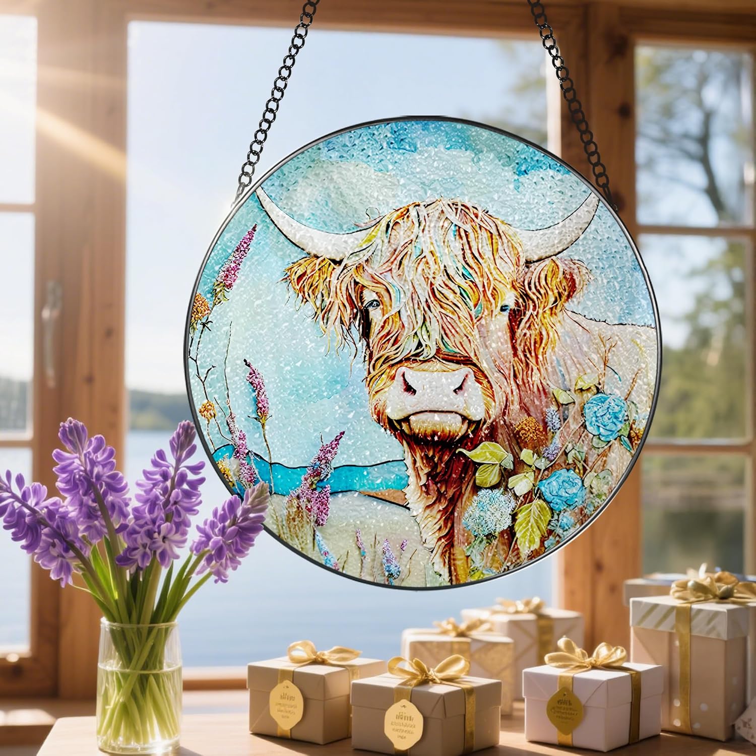 Stained Glass Window Hanging, Stained Glass Suncatcher, Cow Sun Catcher, Window Hanging Decor, Cow Gift, Gifts for Mothers Day or Fathers Day, Christmas or Birthday Gift, Gifts for Her Him-VerdiqueGarden