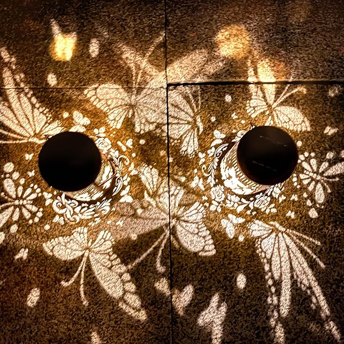 2 Pack Butterfly Solar Lanterns Outdoor Hanging Lantern Lights, Butterfly Hollowed-Out Metal Decor Lantern, Waterproof LED Decorative Garden Light - Delicate Garden Decoration-VerdiqueGarden