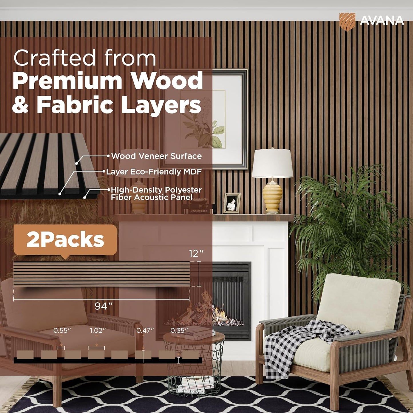 Avana Acoustic Wood Wall Panels – 94.4 x 12.6 Inch Smoke Walnut Acoustic Panels 2 PCs – Wall Panels For Interior Wall Decor For Homes, Offices, Studios – Pleasing Wood Panels For Wall-VerdiqueGarden