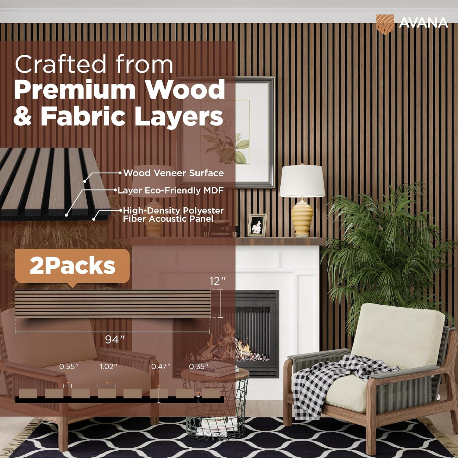 Avana Acoustic Wood Wall Panels – 94.4 x 12.6 Inch Smoke Walnut Acoustic Panels 2 PCs – Wall Panels For Interior Wall Decor For Homes, Offices, Studios – Pleasing Wood Panels For Wall-VerdiqueGarden