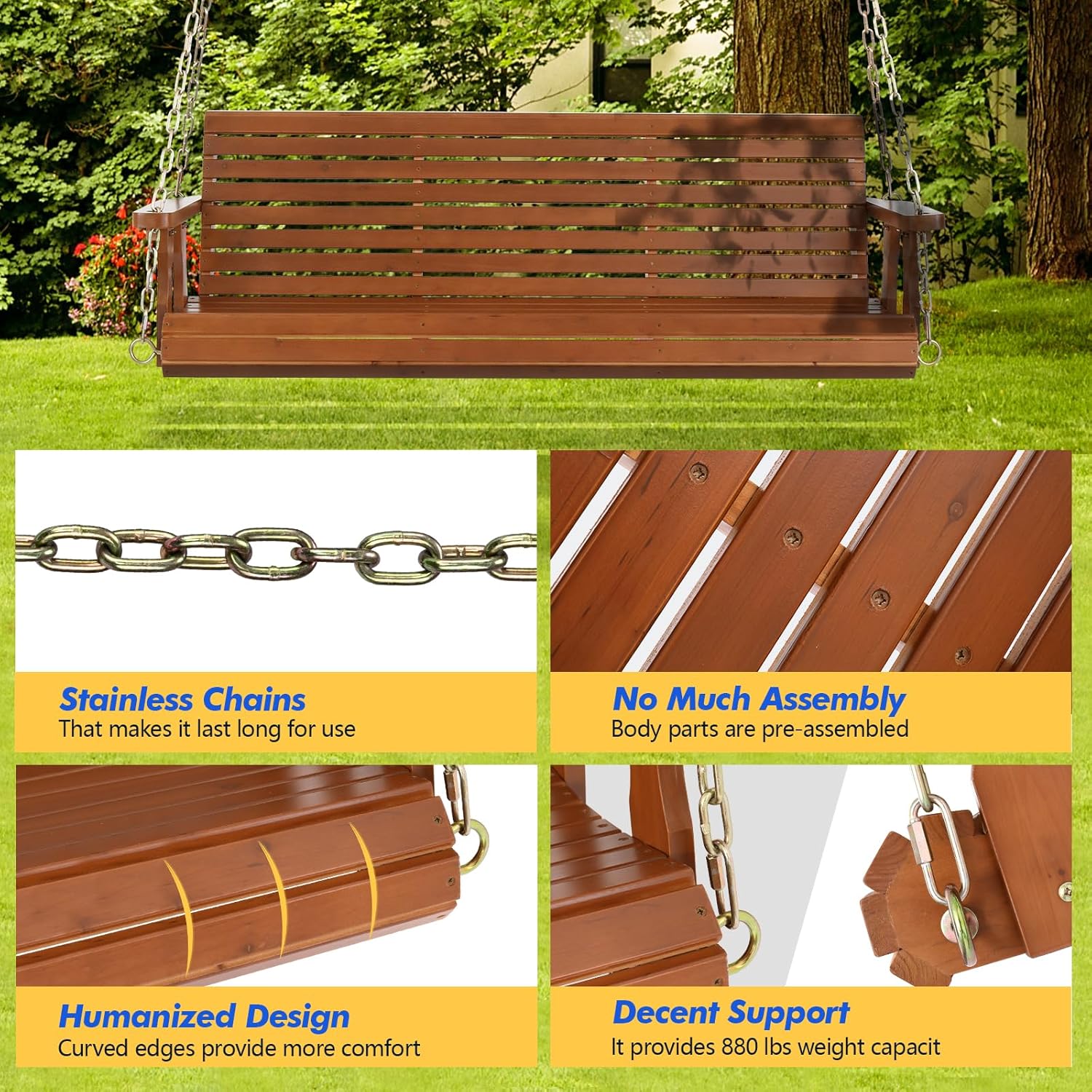 VINGLI Upgraded Patio Wooden Porch Swing for Courtyard & Garden, Heavy Duty 880 LBS Swing Chair Bench with Hanging Chains for Outdoors (Brown, 5 FT)-VerdiqueGarden