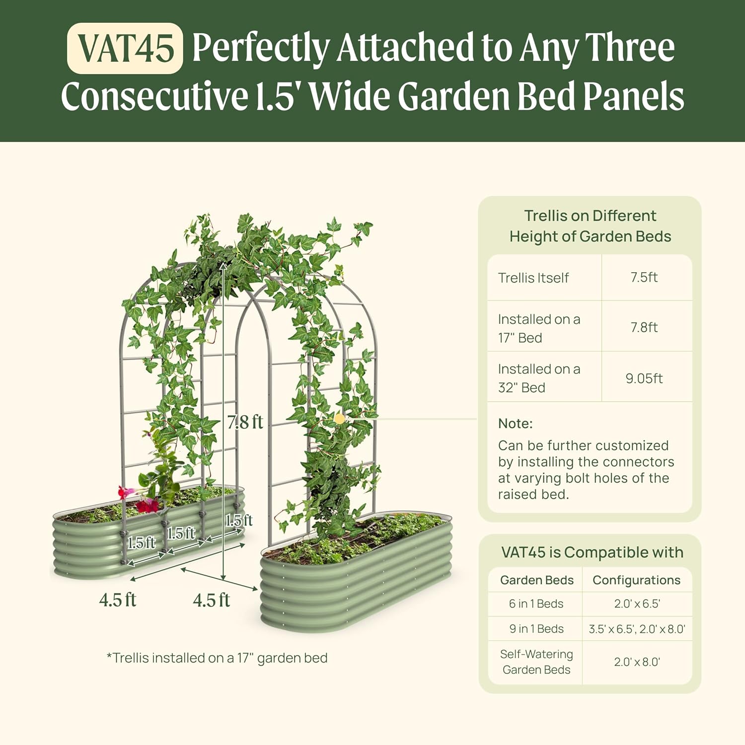 Vego Garden Modular Arched Trellis System 4.5' Long Trellis for 2.0' x 6.5' (6 in 1) Garden Bed or 3.5' x 6.5' (9 in 1) Garden Bed-VerdiqueGarden