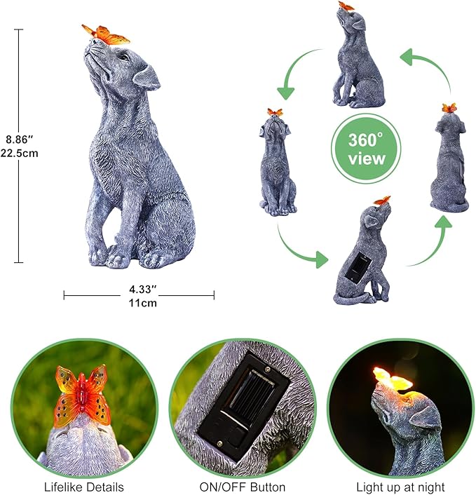 Solar Garden Statue Dog Figurine – Outdoor Decoration with Butterfly for Garden Yard Lawn Home Decor Outside : Unique Gifts for Mom Grandma-VerdiqueGarden