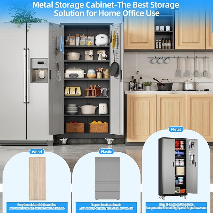 71" H×32" W×16" D Garage Storage Cabinet with Wheels & Pegboard, Locking Metal Storage Cabinet with Doors and 5 Adjustable Shelves & & 4 Hooks for Garage Warehouse Home Office, Black and Gray-VerdiqueGarden