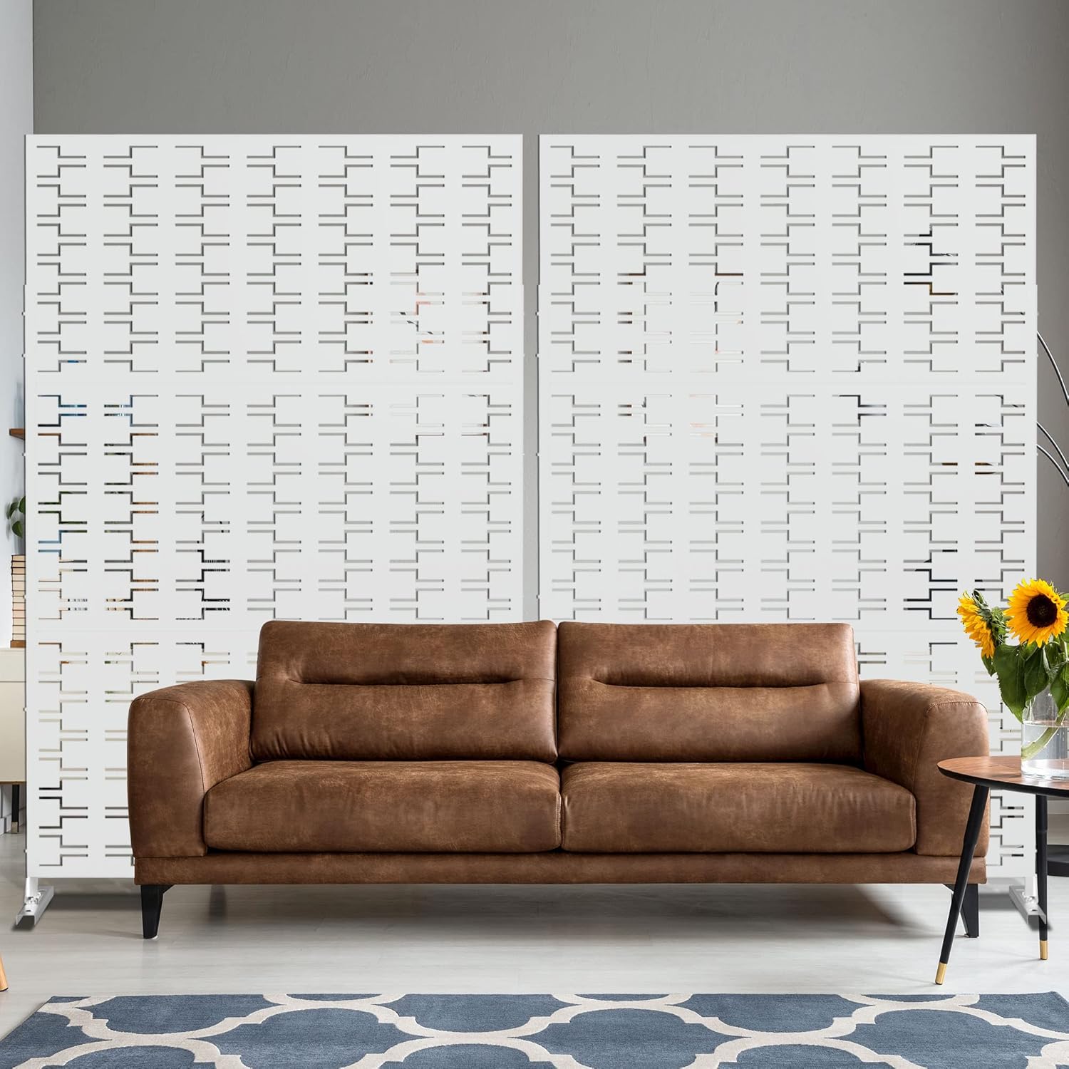 Metal Privacy Screen Outdoor 72" H×47" W,Freestanding Decorative Privacy Screen for Balcony Yard&Garden,Privacy Fence-White&Brick-VerdiqueGarden