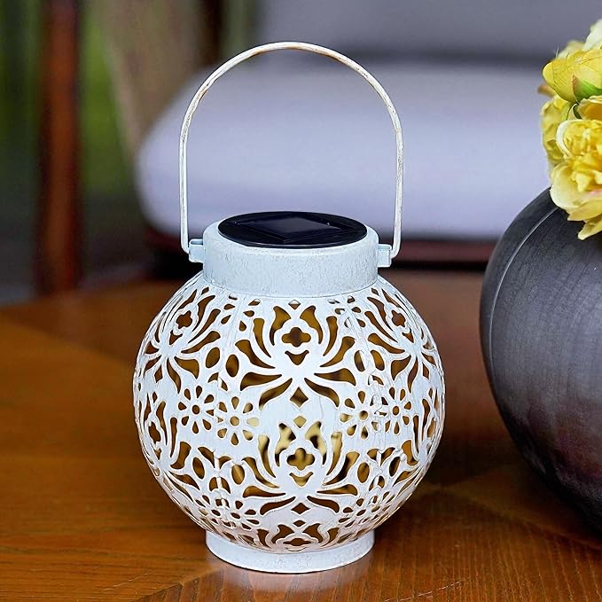 Set of 2 Outdoor Solar Hanging Lantern Lights Metal LED Decorative Lamp for Garden Patio Courtyard Lawn and Table with Hollowed-Out Design (White)-VerdiqueGarden