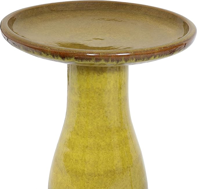 Sunnydaze 21" H Ceramic Bird Bath for Outside - Hand-Painted Outdoor Bird Bath Bowl, UV/Frost-Resistant Finish - Cognac Yellow - Ribbed Pedestal-VerdiqueGarden