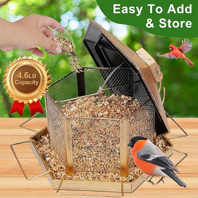 Metal Bird Feeder for Outdoor Hanging, 4.6LB Large Capacity, Garden Decoration - Attracts Wild Birds, Durable Outdoor Bird Feeding Station for Garden Yard Outside Backyard (Extra Large Gold)-VerdiqueGarden