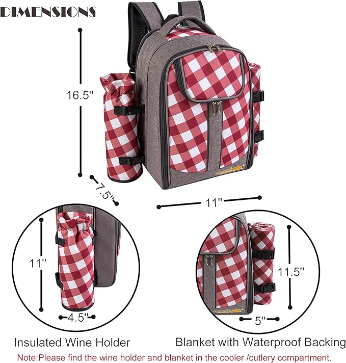 apollo walker Picnic Backpack Bag with Cooler Compartment, Detachable Bottle/Wine Holder, Fleece Blanket, Plates and Cutlery Set (2 Person, Gray)-VerdiqueGarden