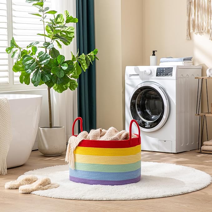 KAKAMAY Large Blanket Basket (20"x13"),Woven Baskets for storage Baby Laundry Hamper, Cotton Rope Blanket Basket for Living Room, Laundry, Nursery, Pillows, Baby Toy chest (Rainbow)-VerdiqueGarden